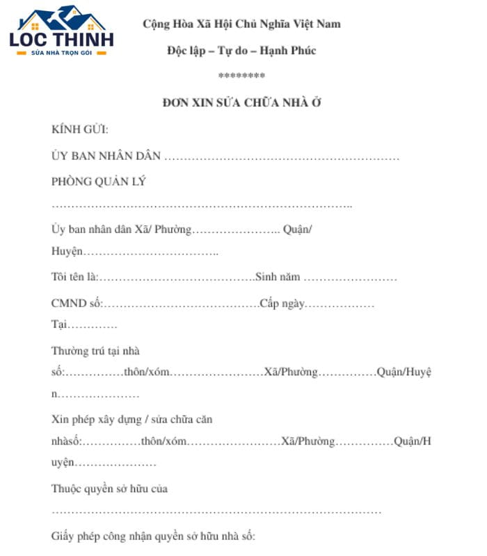 Đơn xin sửa nhà viết tay