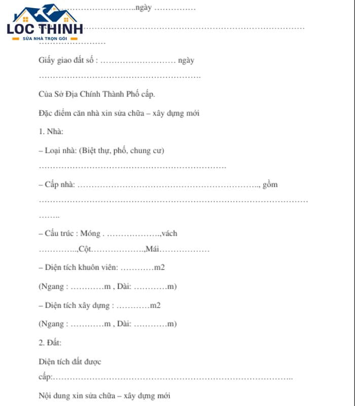 Đơn xin sửa chữa cải tạo nhà in sẵn