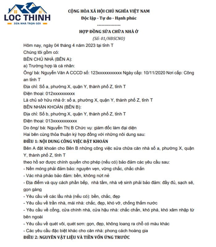 mau hop dong sua chua nha o tron goi cho co quan chung cu